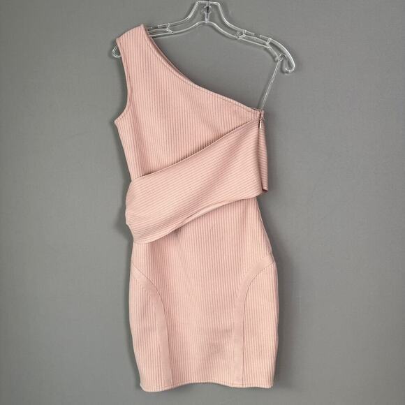 Bella Barnett sz S pink asymmetrical shoulder strap fitted‎ knit mini dress NWOT - Picture 3 of 10